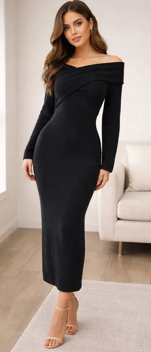 Abercrombie & Fitch Black Off Shoulder Sweater Dress NWT Midi Bodycon Elegant XS thumbnail 1