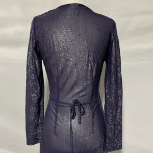 & Other Stories Sheer Metallic Long Sleeve Midi Wrap Dress Navy Blue Size 2 thumbnail 12