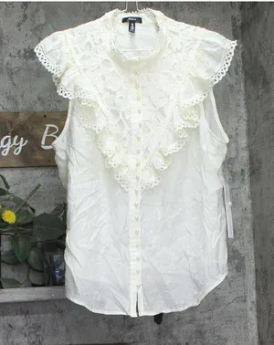 Aqua Womens Button Front Lace Flutter Sleeve Top IBO26550 Ivory Off White XXL thumbnail 1