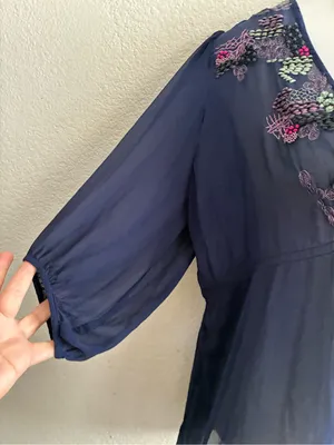 Anthropologie Saivana Silk Beaded Sheer Embroidered V-Neck Peasant Navy Blouse M thumbnail 6