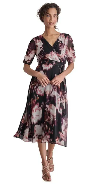 NWT DKNY Tie-Waist Ruched Puff Sheer Sleeves Dress Raisin Purple Multi 4 thumbnail 1