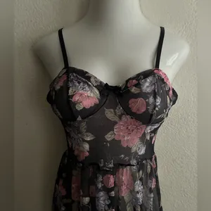 Sheer Floral Chemise Nightgown - Pink Floral on Black XL thumbnail 8