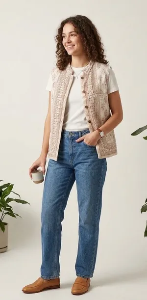 Ivory Brown Floral Print Button Front Sleeveless Vest Lightweight Boho Size M thumbnail 1