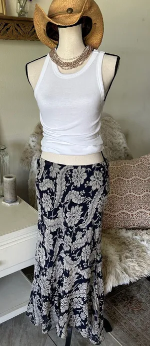 Ralph Lauren Vtg navy beige boho western country floral pull on midi skirt 10 L thumbnail 1