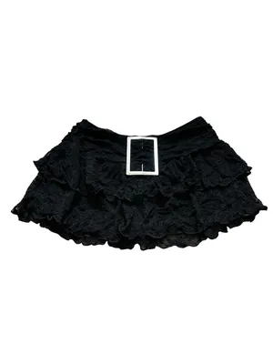 Black Lace Tiered Ruffle Mini Skirt Silver Buckle Festival Coastal Cowgirl Goth thumbnail 2