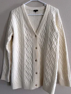 Talbots Cable Knit Cardigan Womens Medium Cream Academia Preppy Classic Career thumbnail 1