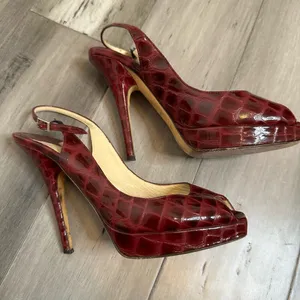 Jimmy Choo Patent Snake Embossed Peep Toe Heels Women's Sling Back Red Size 37 thumbnail 2