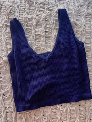 Free People Blue Waffle-Knit Crop Tank thumbnail 2