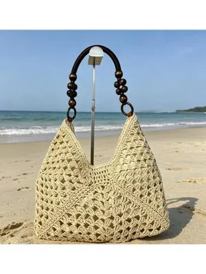Crochet Straw Hobo Bag Bead Hollow Shoulder Bag Khaki Color thumbnail 5