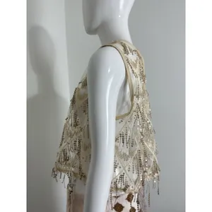Women’s Sequin Fringe Crop Top Sheer Mesh Party Festival Shirt Approx Size S thumbnail 2