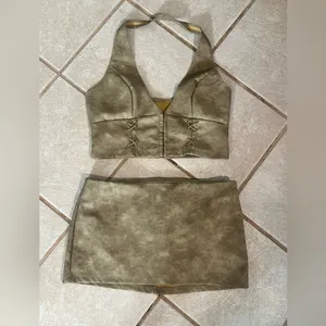 New! 2 Piece Faux Leather Lace Up Halter Top with Mini Skirt Set gold sz large thumbnail 5