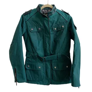 Barbour International Black Streak‎ Jacket Womens Green Waxed Cotton Moto Belted thumbnail 3