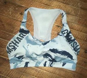 Gymshark blue and white marble scoop neck racer back athletic bra thumbnail 1