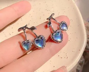 Women's Heart Shaped Cherry Stud Earrings Silver thumbnail 2