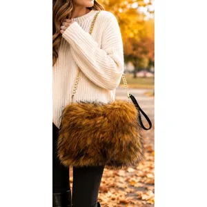 Faux Fur Shoulder Crossbody Bag Brown Gold Chain Cozy Winter Plush Handbag Purse thumbnail 13