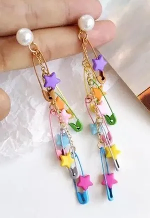Colorful Stars Pins Pearl Stud Drop Earrings thumbnail 2