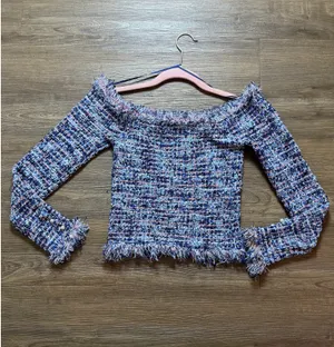ZARA Off-The-Shoulder Tweed Top Blue thumbnail 6
