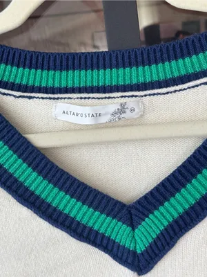 Altar’d state varsity cropped sweater vneck kelly green striped navy knit ribbed thumbnail 3