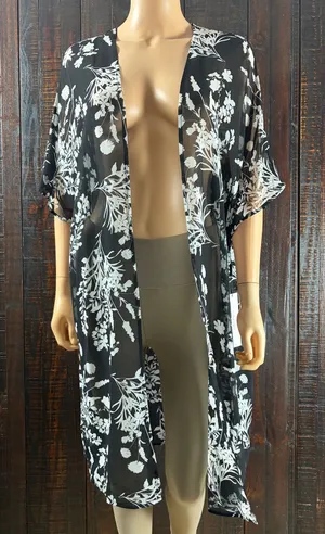 Calvin Klein Black White Floral Chiffon Cover-up Cardigan NWT 4 thumbnail 1