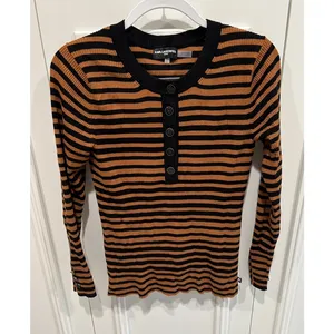 Karl‎ Lagerfeld Paris Ribbed Striped Henley Long Sleeve Thermal Top Designer thumbnail 2