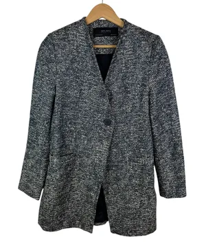 Zara Basic Collection Textured Knit Tweed Blazer Jacket‎ Medium Blue Office Chic thumbnail 1