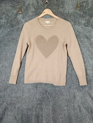 J Crew Cashmere Crewneck Sweater With Lurex Metallic Heart Neutral Fitted Small thumbnail 3
