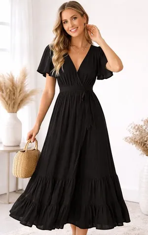 A New Day Black Wrap Maxi Dress | Flutter Sleeve | Elegant Flowy Dress-NWT thumbnail 1