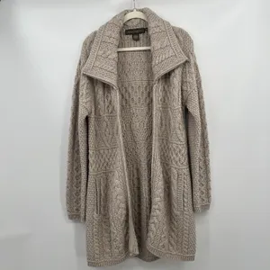 inis crafts merino 100% wool Sweater L Tan Long Full Zip Cable Knit Ireland Boho thumbnail 12