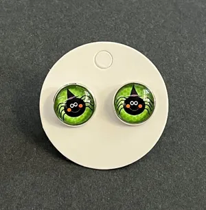 Cute Halloween‎ Spider Witch Hat Stud Earrings Green Enamel Fun Festive thumbnail 1