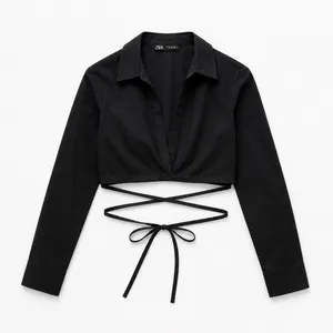 Zara Black Crop Poplin Shirt Long Sleeve Wrap Tie Waist XS EUC Collar Blouse thumbnail 2