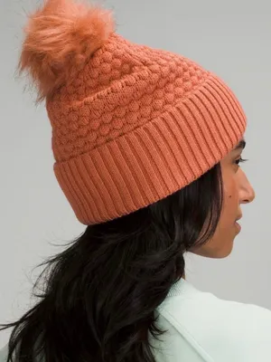 Lululemon bubble knit pom beanie hat pink Savannah coral wool blend (one size) thumbnail 2