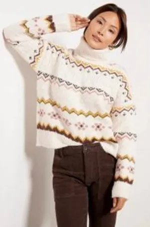 Evereve Lyra Fair Isle Cream Multicolor Turtleneck Sweater Size Medium thumbnail 1