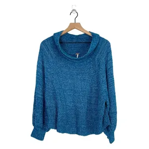 Free People Edessa‎ Off the Shoulder Blue Pullover Balloon Sleeve Knit Sweater M thumbnail 2