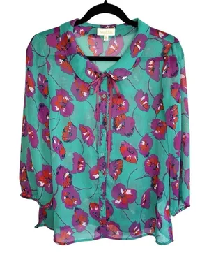ModCloth Floral Blouse Size‎ Medium Peter Pan Collar Bow Chiffon Artsy Teacher thumbnail 1