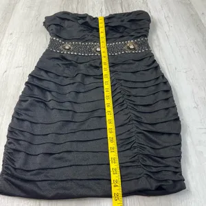 Nikibiki Black Strapless Ruched Gold Rhinestone Bling Bodycon Mini Dress Size M thumbnail 13