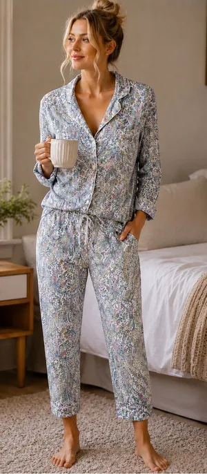 Lauren Ralph Lauren Paisley Monogram Knit Jersey Cropped Preppy Comfy Pajama Set thumbnail 1