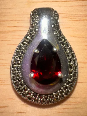 BOMA Sterling Silver Red Garnet Marcasite Pear Teardrop Pendant 1.25" / 12.35g thumbnail 2