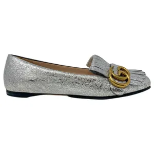 Gucci Silver Foiled Leather Marmont GG Logo Kiltie Fringe Flat Loafers EU 35 thumbnail 5