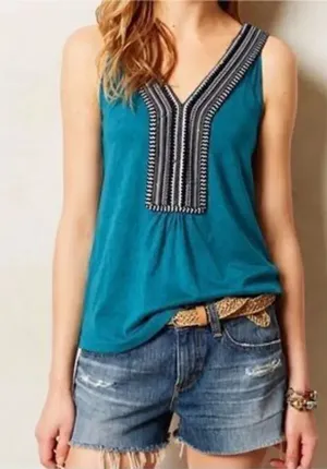 Akemi + Kim Anthropologie Sloane Linen Blend Teal Sleeveless Top Small #700 thumbnail 1