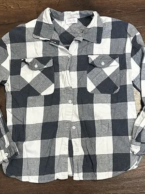 pink lily large womens Flannel Plaid grey white black pockets collared thumbnail 1