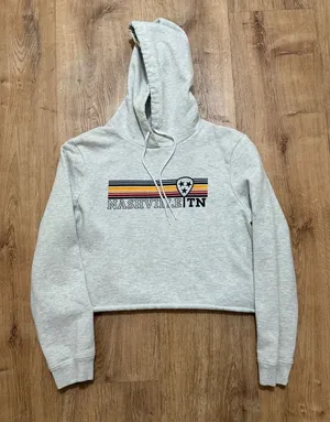 League | Women's Gray Nashville TN Cropped Striped‎ Graphic Hoodie Sweatshirt, M thumbnail 1