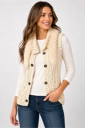 Papaya Chunky Knit Sweater Vest Cream Faux Fur Trim Rabbit Hair Medium thumbnail 1