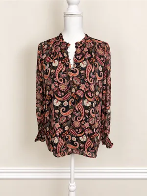 LOFT Paisley Ruffle Neck Long Sleeve Blouse Black Pink Boho Women’s Small thumbnail 4