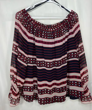 NWOT Ann Taylor LOFT women’s black red elastic sleeve off‎ shoulder blouse XL thumbnail 1