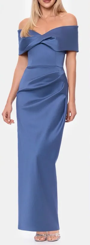 NEW Betsy & Adam Off the Shoulder Mikado Dark Slate Gown Sz 10 thumbnail 1