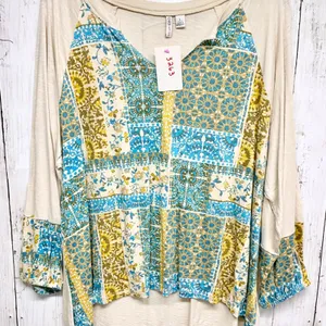 Cato Boho Patchwork 3/4 Sleeve Top Womens Size L Beige Blue Cotton‎ Modal Blend thumbnail 4