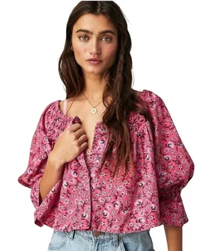NEW With Tag Free People Pink Floral Cropped James Smock Top Small thumbnail 1