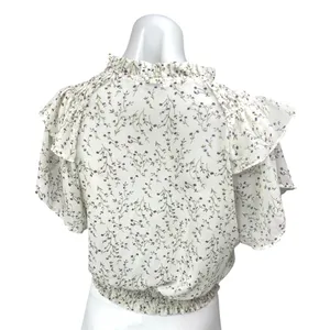 Edit By Nine White Floral Tiered Flutter Short Sleeve Smocked Shirt Blouse Top M thumbnail 2