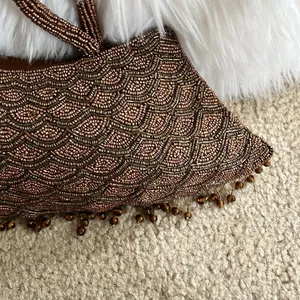 Vintage brown beaded fish scale triangle shape double handle satin handbag purse thumbnail 5