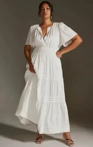 Anthropologie Somerset Linen Edition Maxi Dress White Smocked Tiered Boho Size Small thumbnail 4